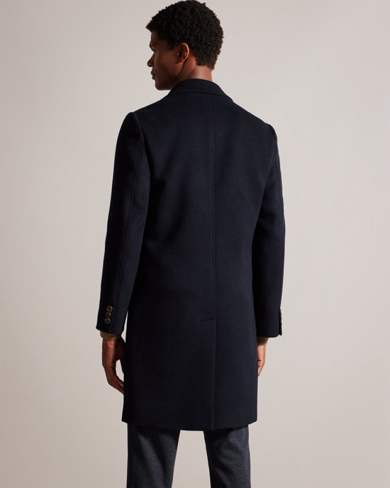 Navy Ted Baker Wilding Wool Blend Overcoat Men's Coats | 849501-HXJ