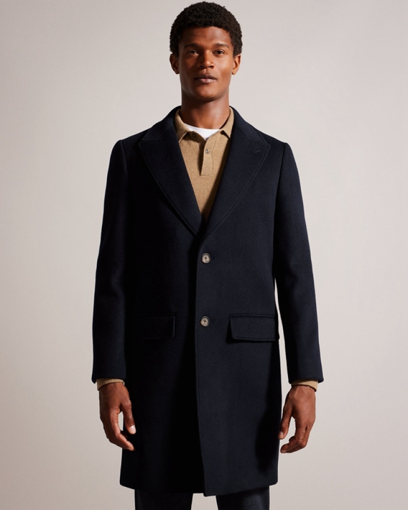 Navy Ted Baker Wilding Wool Blend Overcoat Men\'s Coats | 849501-HXJ