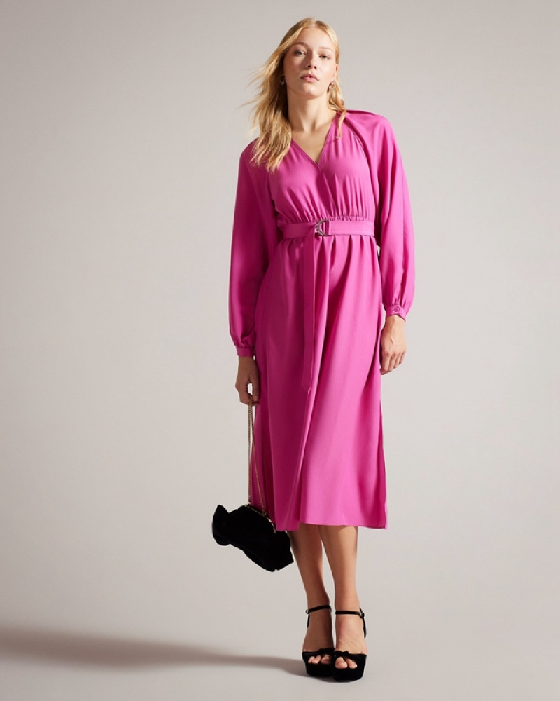 Pink Ted Baker Comus Midi with Gathered Neck Women\'s Dress | 427513-GES