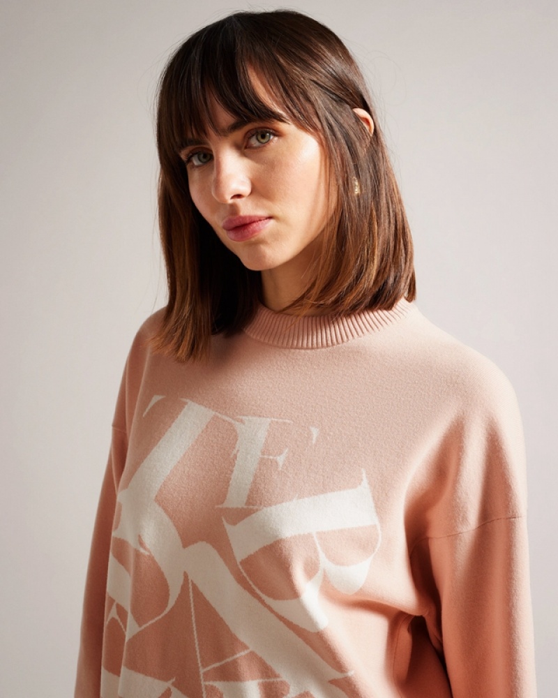 Pink Ted Baker Elssiaa Branded Jacquard Knit Women's Sweaters | 241065-ALJ