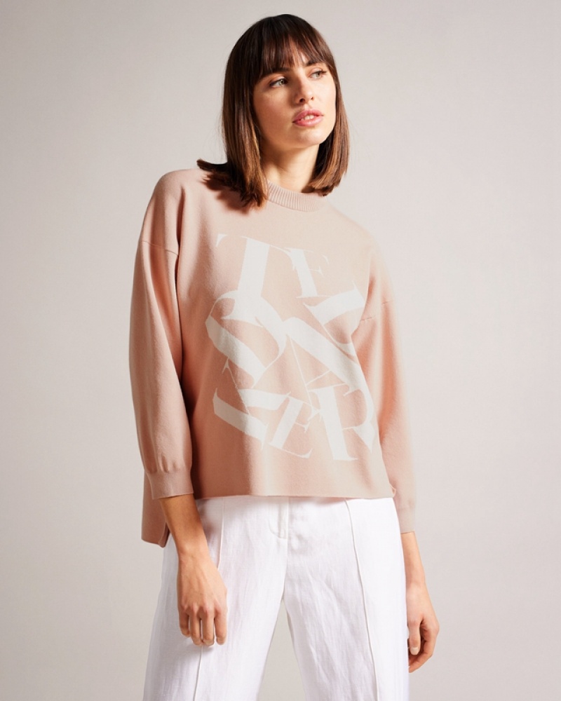 Pink Ted Baker Elssiaa Branded Jacquard Knit Women\'s Sweaters | 241065-ALJ