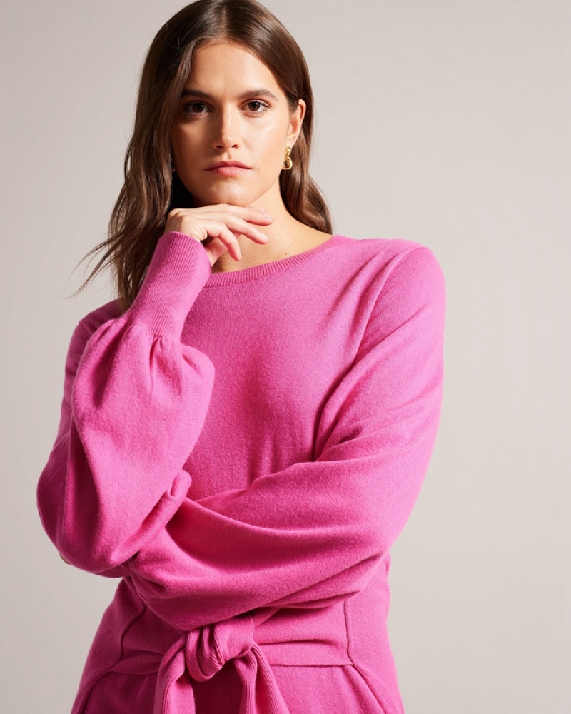 Pink Ted Baker Essya Slouchy Tie Front Midi Knit Women's Dress | 294503-ALY