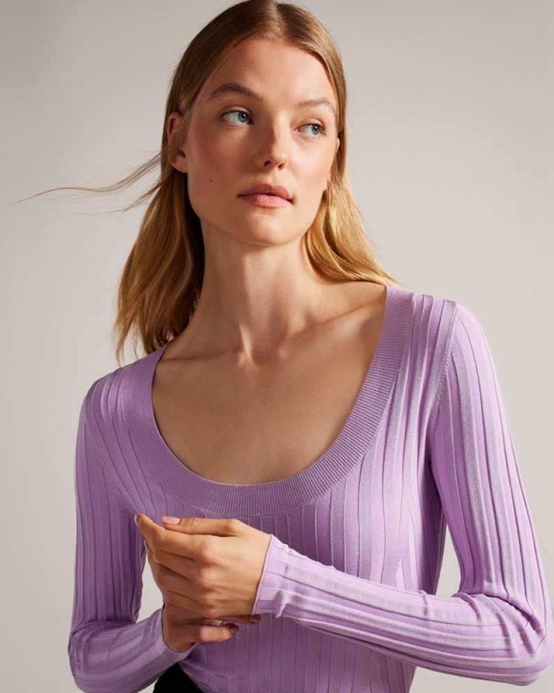 Purple Ted Baker Jolia Rib Engineered Knit Women's Tops | 026847-GAU