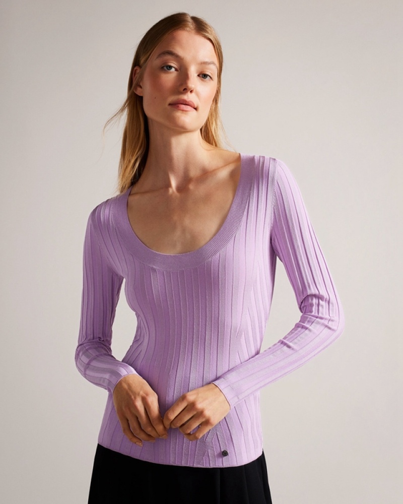 Purple Ted Baker Jolia Rib Engineered Knit Women\'s Tops | 026847-GAU