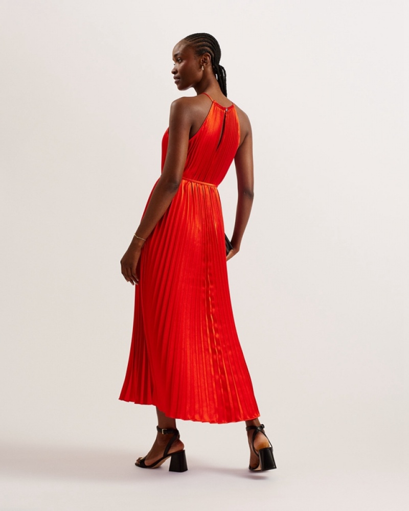 Red Ted Baker Melike Pleated Halterneck Midi Women's Dress | 048725-RVT