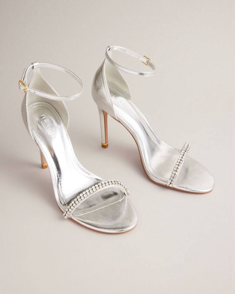 Silver Ted Baker Helenni Crystal Strap Women's Heels | 913587-KUZ