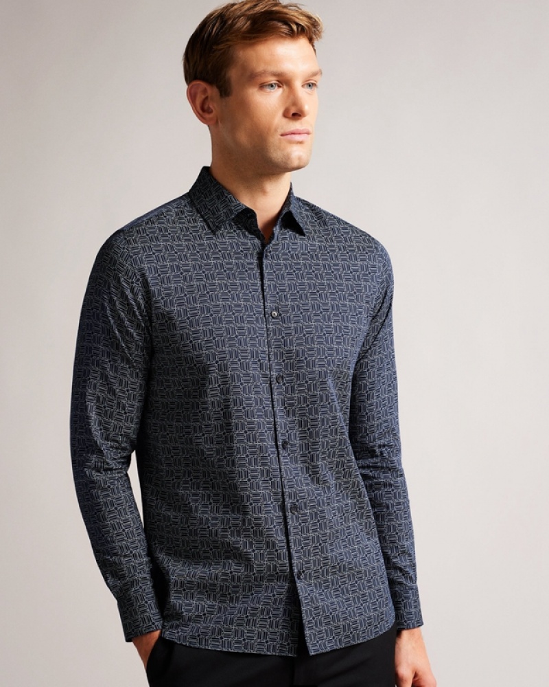 White Ted Baker Andover Long Sleeve Line Geo Men's Shirts | 358249-MGE