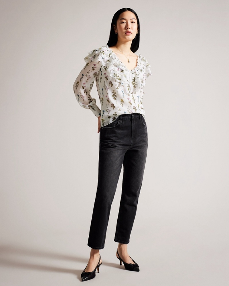 White Ted Baker Avarose Frilled V Neck with Long Sleeves Women's Shirts | 894017-VWR