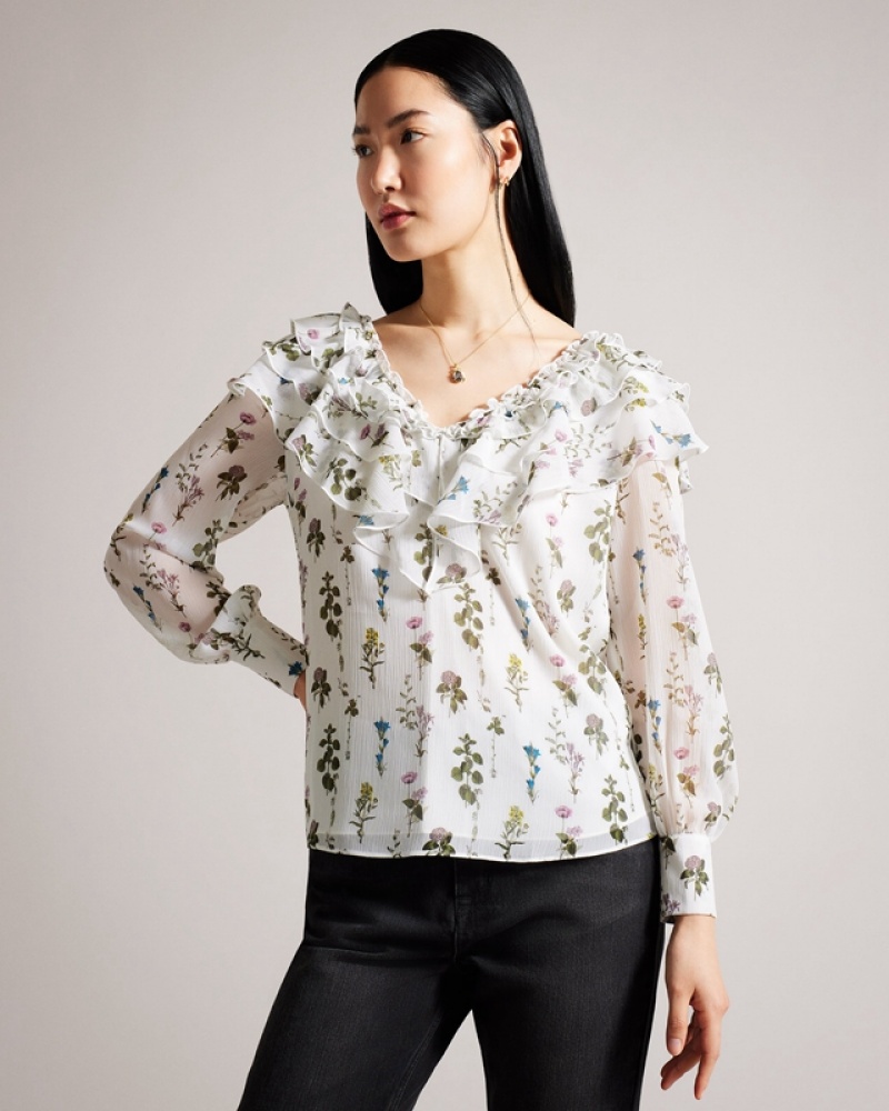 White Ted Baker Avarose Frilled V Neck with Long Sleeves Women's Shirts | 894017-VWR