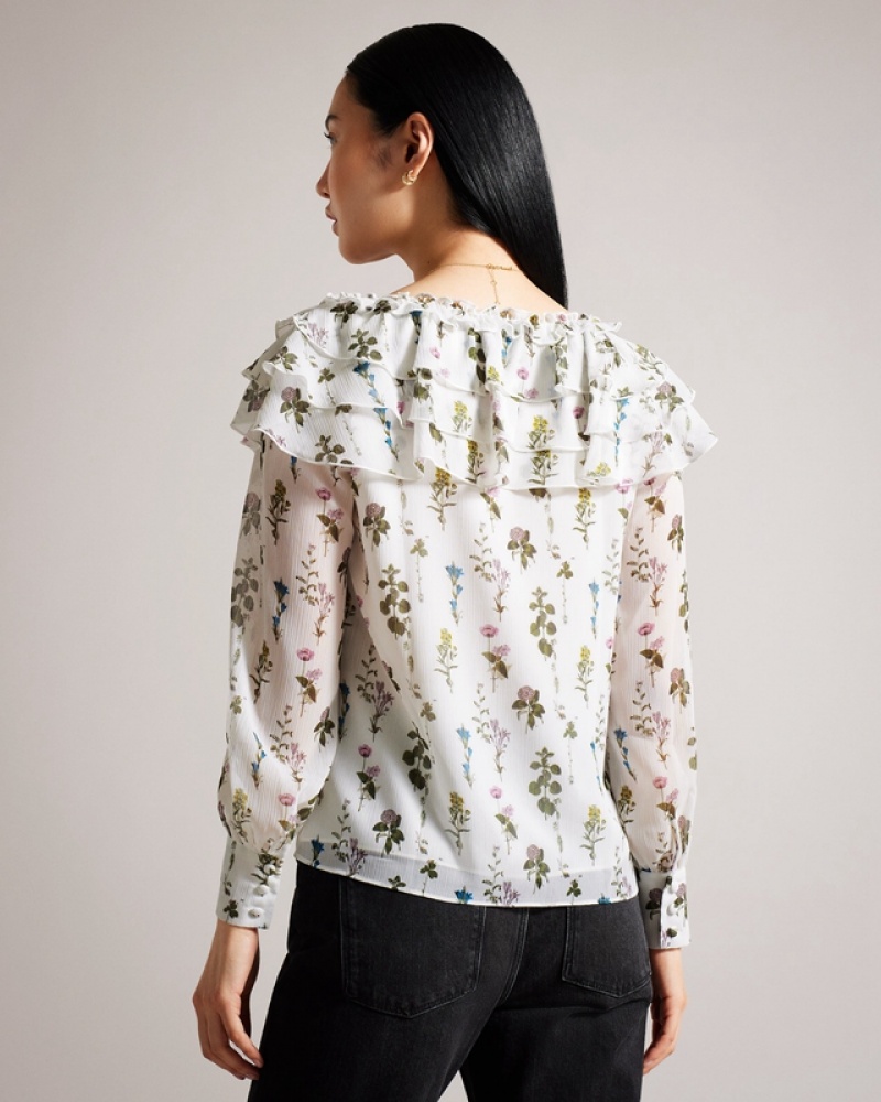 White Ted Baker Avarose Frilled V Neck with Long Sleeves Women's Shirts | 894017-VWR