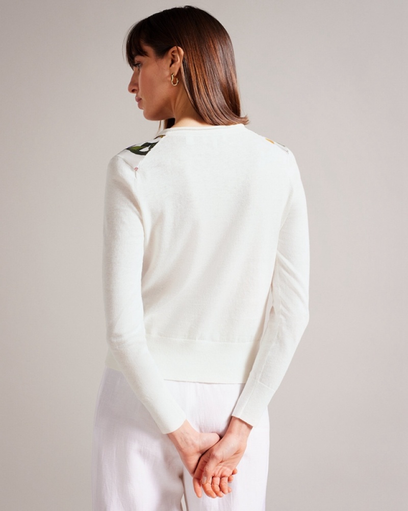 White Ted Baker Chantri Woven Front Printed Women's Sweaters | 190452-LBK