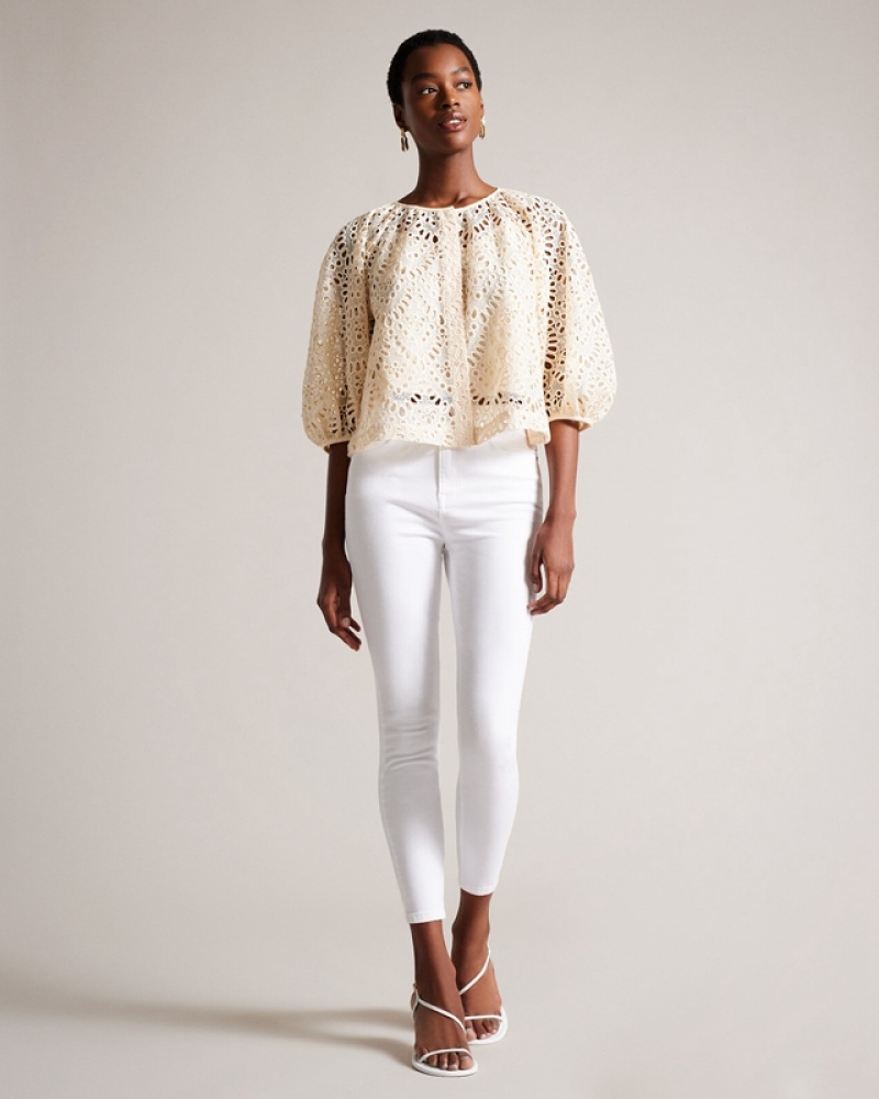 White Ted Baker Elaraa Crochet Puff Sleeve Women's Shirts | 538612-RGL