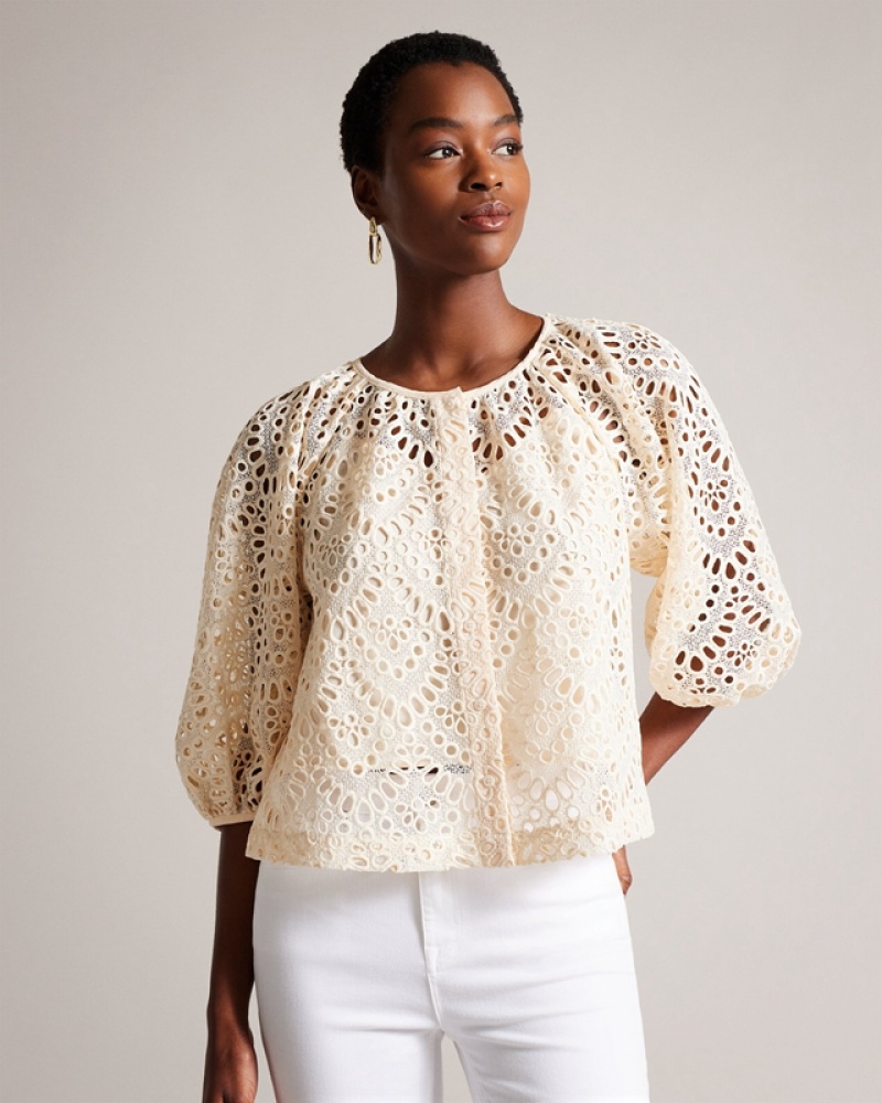 White Ted Baker Elaraa Crochet Puff Sleeve Women's Shirts | 538612-RGL