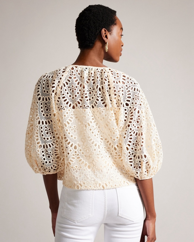 White Ted Baker Elaraa Crochet Puff Sleeve Women's Shirts | 538612-RGL