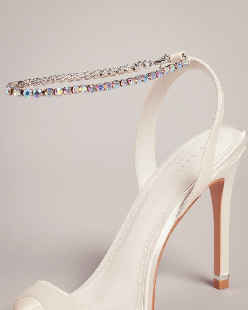 White Ted Baker Hedree Jewellery Strap Satin Women's Heels | 635298-IBQ