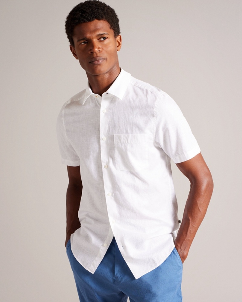 White Ted Baker Kingfrd Short Sleeve Linen Men's Shirts | 340961-VAO