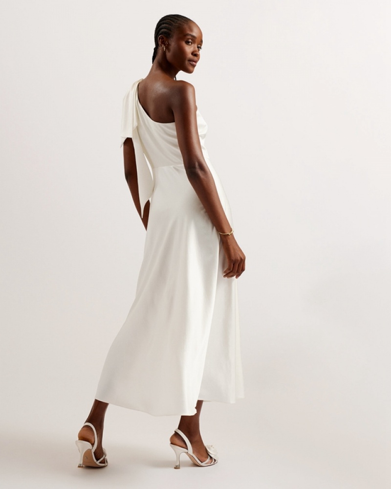 White Ted Baker Rikuto Draped One Shoulder Midi Women's Dress | 065394-QVI