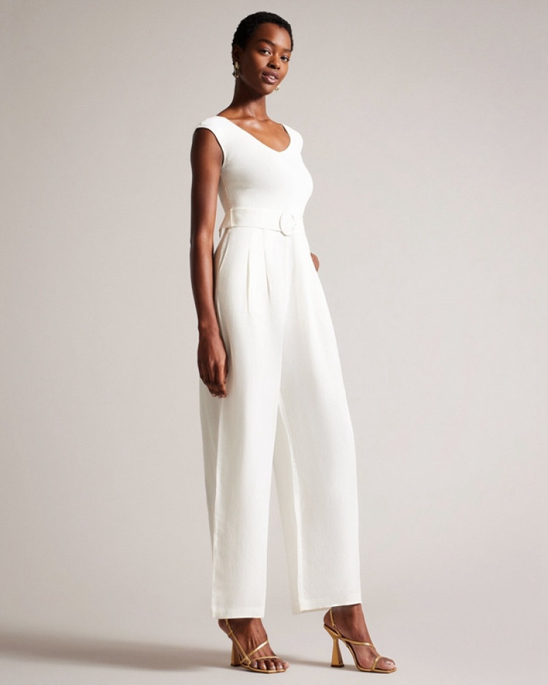 White Ted Baker Tabbiaa Off The Shoulder Wide Leg Women\'s Jumpsuit | 389640-SBE