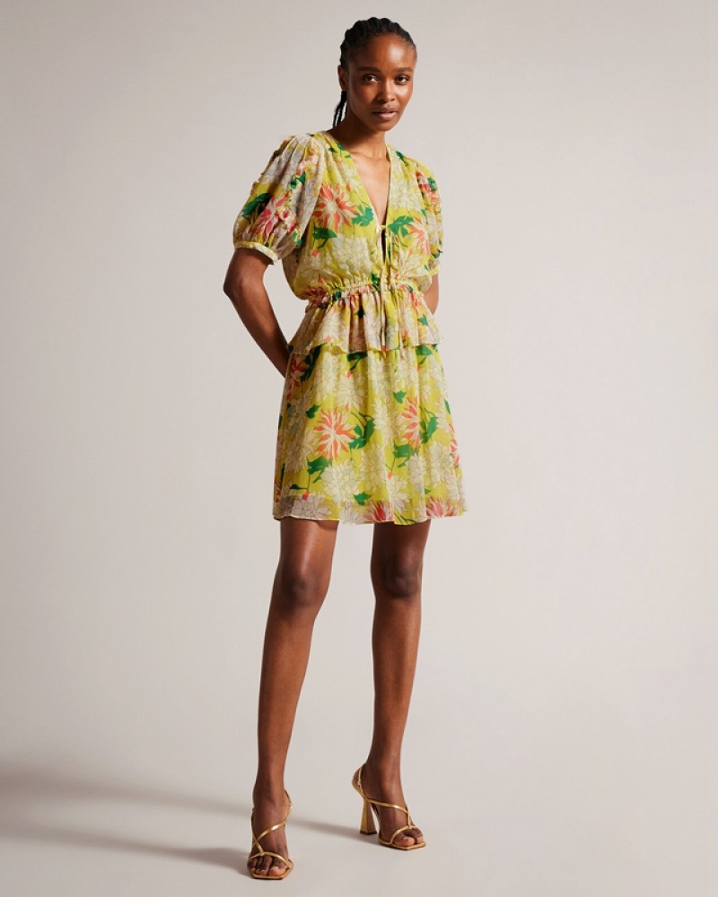 Yellow Ted Baker Isbella Mini with Puff Sleeves Women\'s Dress | 075138-ROP