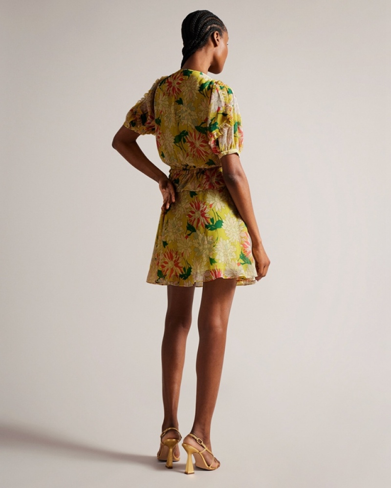 Yellow Ted Baker Isbella Mini with Puff Sleeves Women's Dress | 287463-MYH